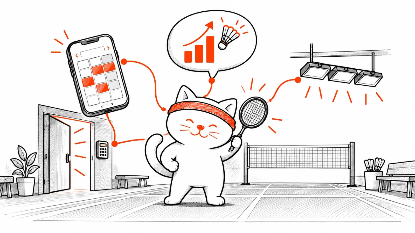Fofo the cat mascot at a badminton centre connected to a booking app, smart door access, court lights and booking insights