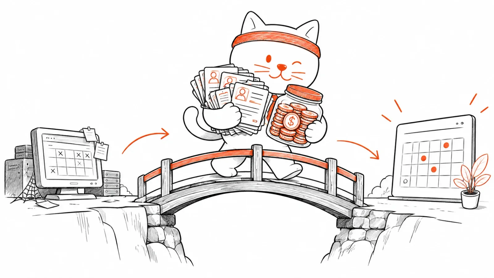 Fofo the cat mascot carrying member accounts and stored credit safely across a bridge from an old booking calendar to a new one