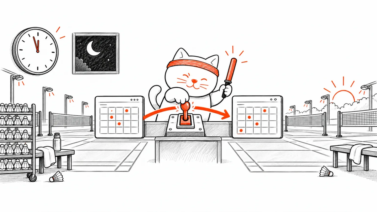 Fofo the cat mascot switching booking calendars after close at a badminton centre, with sunrise showing uninterrupted next-day trade